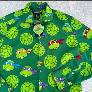 TMNT Ninja Turtles shirt button down long sleeve bright green men’s medium NWT